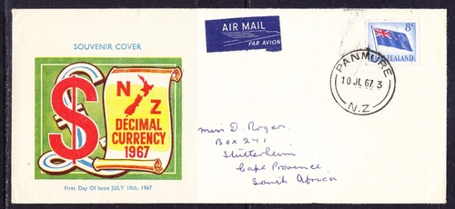 New Zealand 1967 -  8c Decimal Currency FDC Panmure to RSA