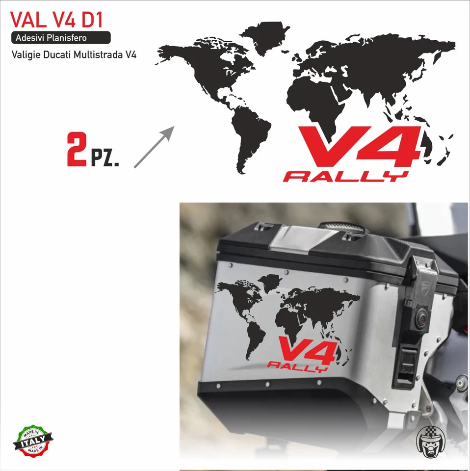COPIONE STICKER STORE 2 set Adesivi Valigie Alluminio Ducati Multistrada V4 Rally Planisfero VAL V4 D1