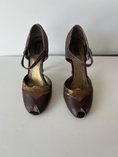 Vintage Prada Brown Leather Gold Sequin Heels Ankle Strap Peep Toe Shoes Pump 38