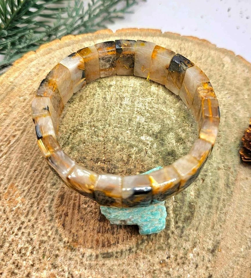 Brazalete Feng Shui Cuentas Rectangulares Flor Titanio Rutilado Oro Premium Foto 2 de 4