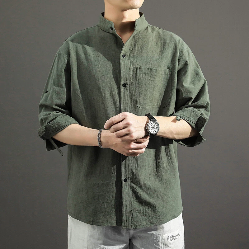 Men Casual Cotton Linen 3/4 Sleeve Shirt Japanese Stand Collar Tops Loose  Blouse