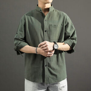 OTW Mens Solid Stand Collar Casual Cotton Linen 3/4 Sleeve Lightweight Shirt 