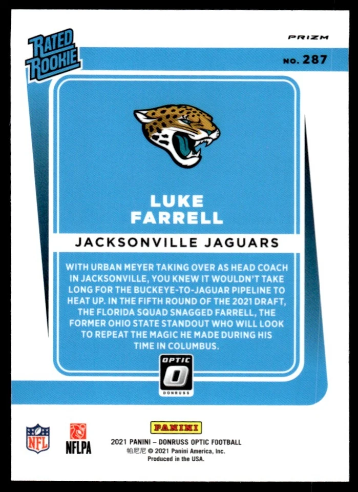 2021 Donruss Optic BLUE PRIZM Luke Farrell Rookie Jacksonville Jaguars #287 - Image 2 of 2