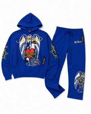 Ed Hardy Blue Hoodie Sweatpants Tracksuit Set 2 Piece Graphic Angel Heart NWT