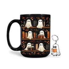 Hyturtle Cute Ghost Read Book Mug - Black Coffee Cup Ceramic Mug 15 Oz And Ke...