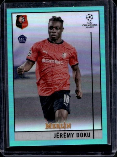 2020-21 Topps Merlin Chrome UEFA Jeremy Doku RC Refractor Aqua Rookie #/199