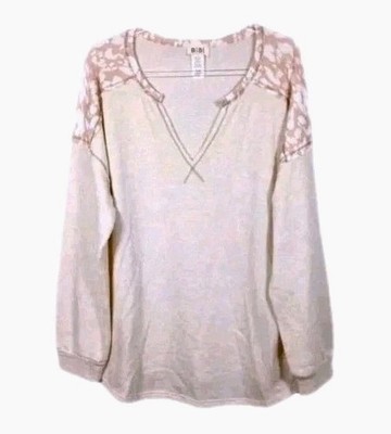 BiBi Top XL Cream Beige V Neck Long Sleeve Soft Knit Relaxed Fit Lounge Pullover