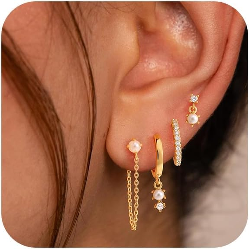 Dainty Gold Hoop Earrings with Pearl Studs for Women Hypoallergenic