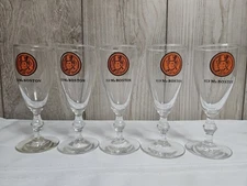 OLD Mr. BOSTON Footed WHISKEY GLASSES, Orange & Black Logo, 5.75" tall, SET OF 5