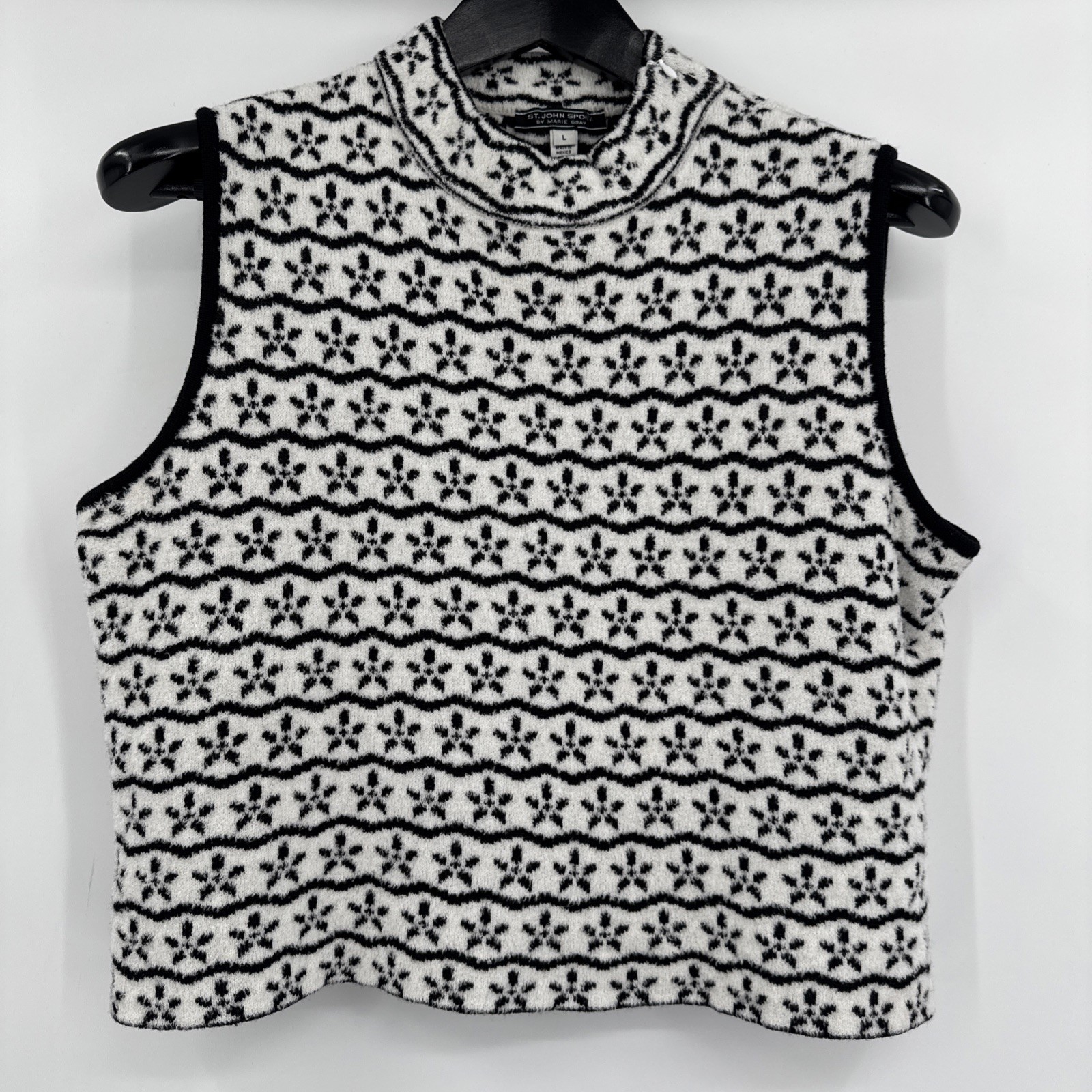 ST JOHN SPORT BY MARIE GRAY SLEEVELESS SWEATER VEST SIZE L Black White Floral