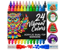 24 Acrylic Paint Markers for Rock, Fabric, Wood, Glass, Craft, Decoration - Dual