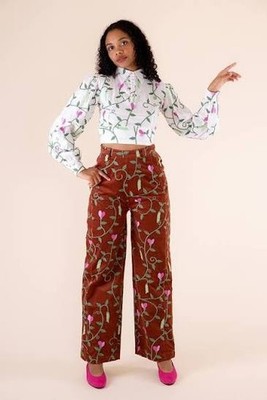 Samantha Pleet Sweet Pea Embroidered Plank Pants Wide Leg Sienna Brown Size 26/8