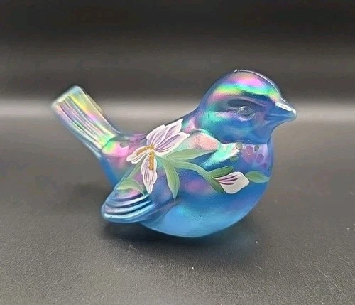 Fenton Blue Iridescent Carnival Glass Dove Figurine Hand Painted & Signed