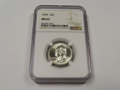 1949 NGC MS 63 WASHINGTON QUARTER 90 PERCENT SILVER COIN 25 CENT