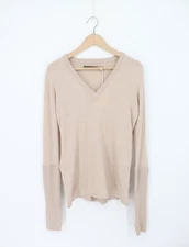 ENZA COSTA Fitted Cuffed Long Sleeve V-Neck Sweater Khaki S $295 D1