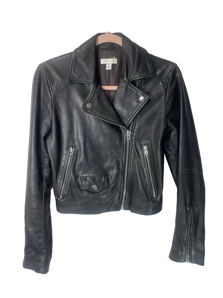 Chaqueta de moto de cuero negra Top Shop para mujer talla 4 (S) - cuero de cordero India Foto 2 de 4