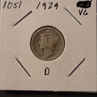 1929-D Winged Liberty Head Mercury Silver Dime In Very Good Condition