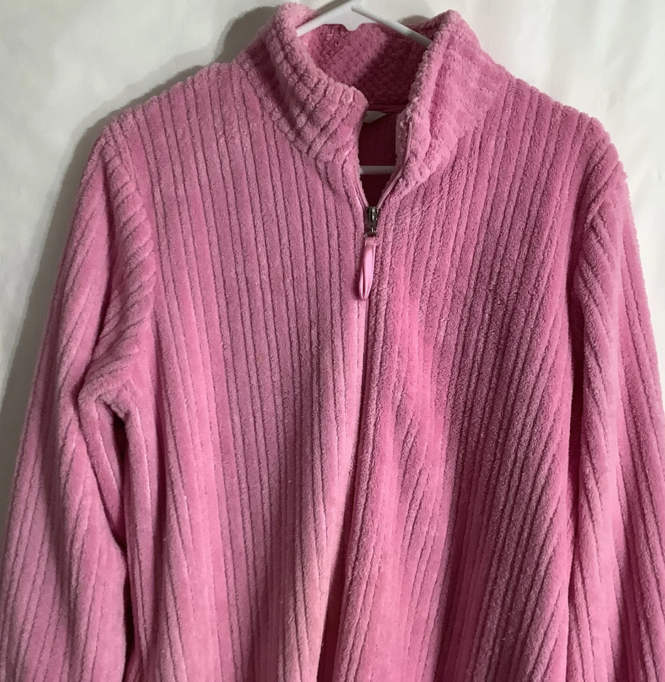 Adonna 女式毛绒抓绒拉链长袍粉色纹理条纹披肩领 — 第 3/4 张图片