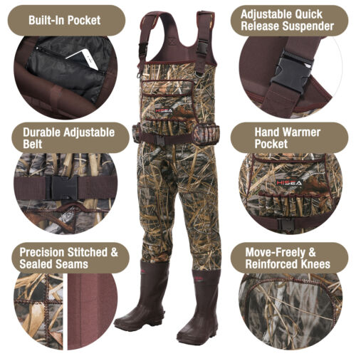 HISEA Hunting Chest Waders 600G Insulated Rubber Bootfoot Neoprene Fishing Wader - Picture 6 of 25