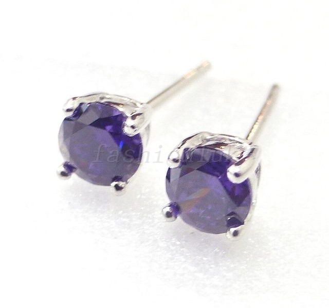 Mens Boys Stud Earrings Purple Simulated Diamond White Gold Plated