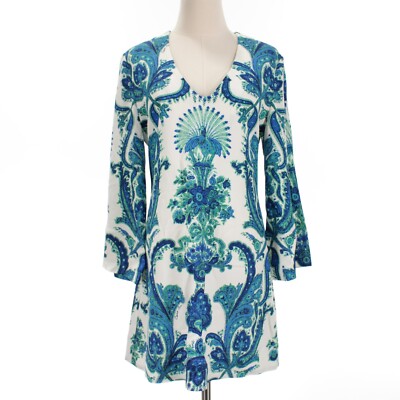 Cara Cara NWD Riley Dress Size Small in White/Blue/Green Peacock Print |  eBay