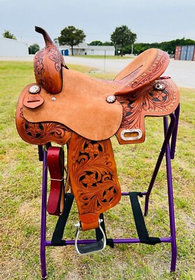 Selle Western Pour Poney 8 Pouces - Floral Tooled, Neuve Avec Attaches