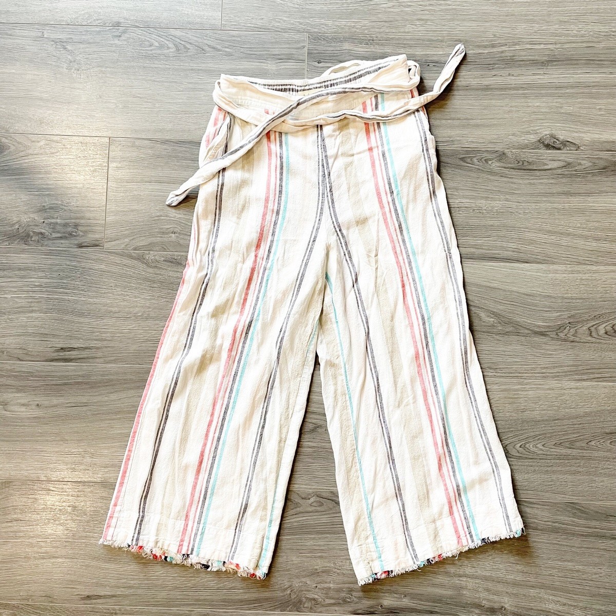 CLOTH & STONE Anthro Cropped Wide Leg Tie Belt Striped Linen 