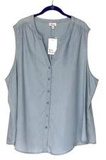 Kim Rogers Shirt Womens XL Blue Chambray Button Front Sleeveless