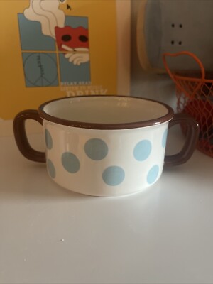 Paula Deen BLUE DOT CRAZY Soup Bowl White Brown Rim  Polka Dots
