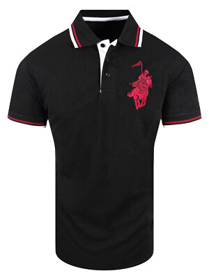 Polo Shirt Embroidered Horse Rider Logo Mens Short Sleeve Stretch Golf Slim Fit