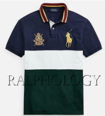 Polo Ralph Lauren Custom Slim Fit Big Pony Gold Crest Block Mesh Polo Shirt New