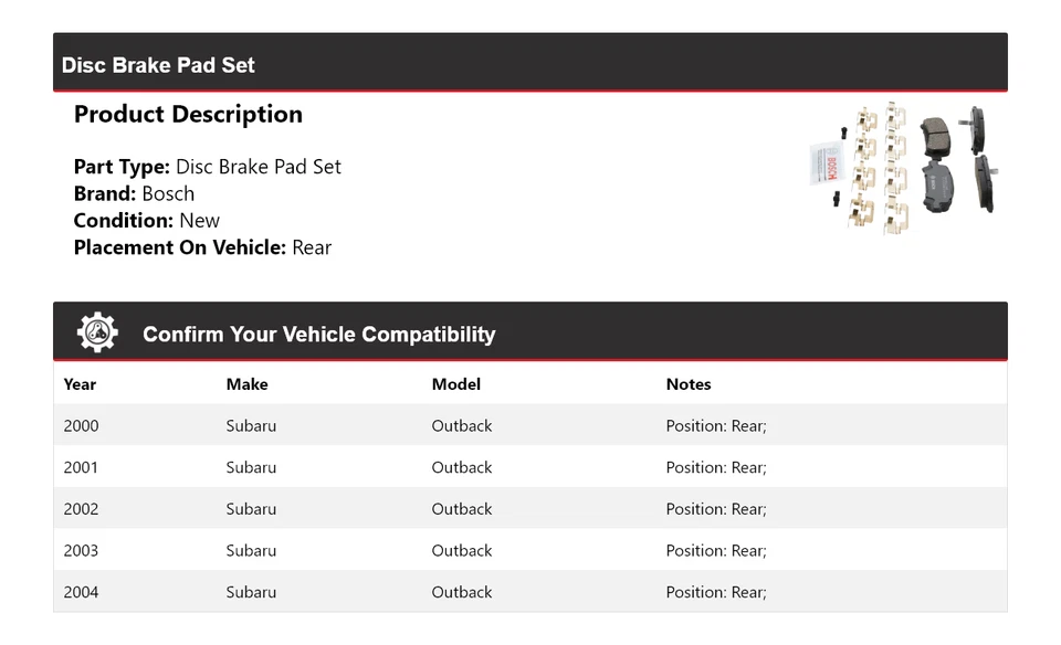 Pastillas de freno traseras de cerámica QuietCast Bosch 2000-2004 para Subaru Outback 2001 2002 Foto 2 de 4