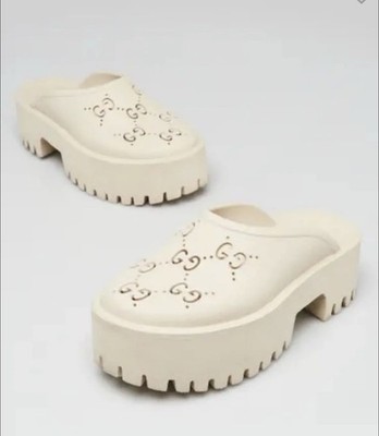Gucci Beige Platform Slip-On Logo Cut-Out Comfort Rubber Sandals Women