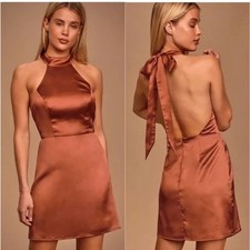 NWT Lulu's Celebrate Me Satin Halter Mini Dress M Copper