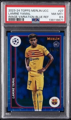 2023-24 TOPPS MERLIN UEFA CLUB COMPETITIONS #27 LAMINE YAMAL 74/75 PSA 8.5