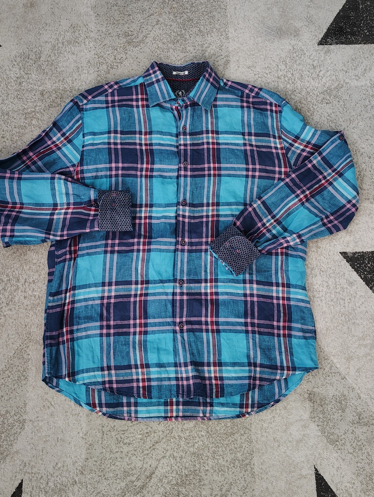 BUGATCHI Turquoise & Pink PLAID Mens LINEN Shirt Classic Shaped Fit L ...