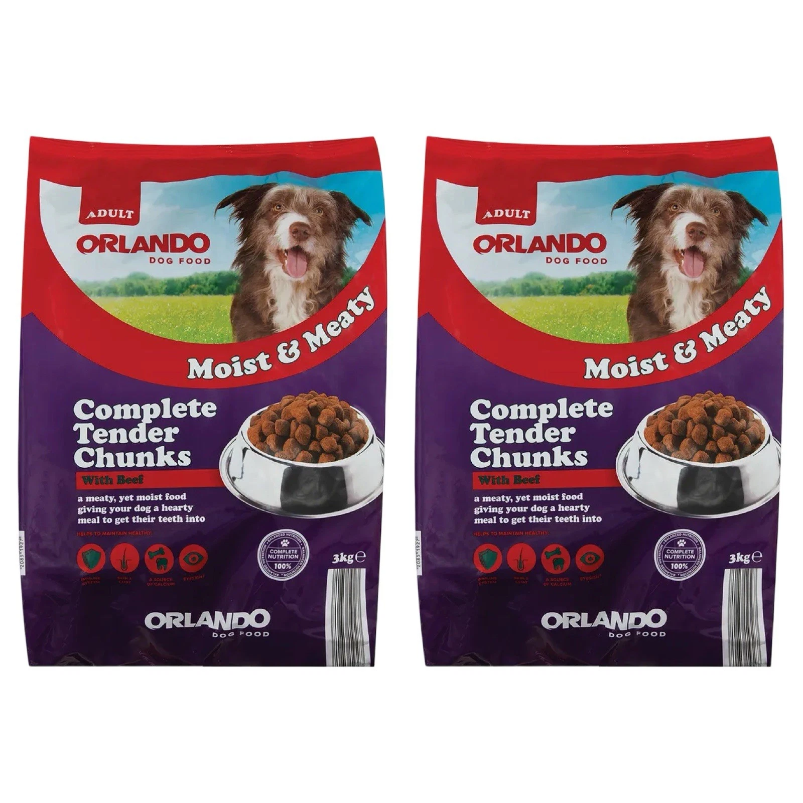 2 x Orlando Dog Food Moist & Meaty Complete Tender Chunks With Beef 3kg