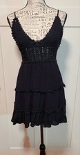 Forever 21 Babydoll Dress Crochet Top Tiered Mini Black Sz M Y2K Boho Festival