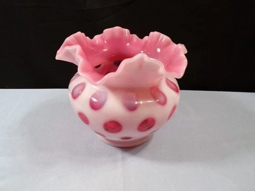 Fenton Cranberry Opalescent Glass Coin Dot Large Rose Bowl Vase