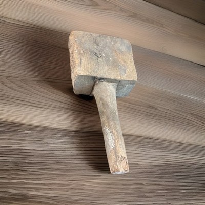 A Primitive , Heavy Wooden Mallet With A Block Head and Cylinder Handle