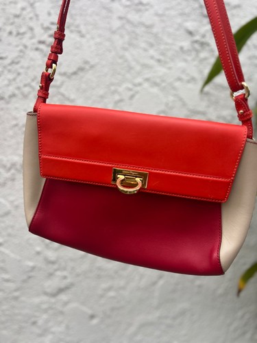 Salvatore Ferragamo Gancini Flap Shoulder Bag: Tri-Color Calfskin & Red Leather