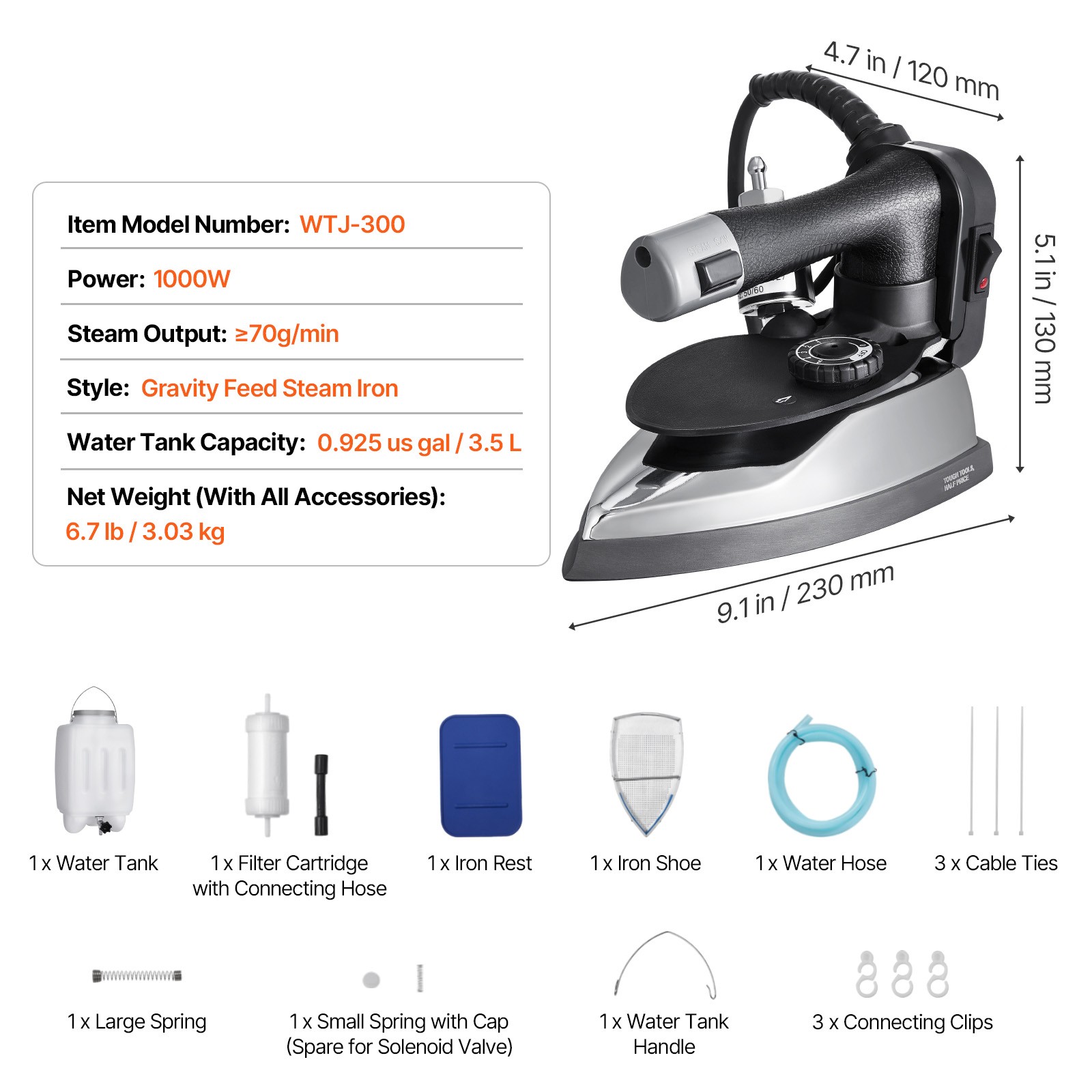 Gravity Feed Steam Iron 1000W Gravity Feed Iron with 3.5 L Tank Electric