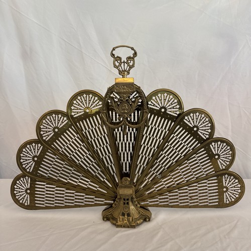 VTG Peacock Fireplace Screen Brass Folding Fan Victorian Cameo Whimsy Goth