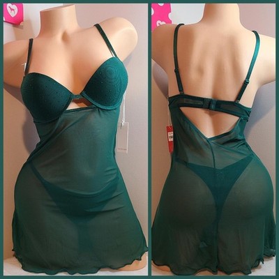 Rampage Sexy Sheer Rhinestone Bling Mesh Babydoll & Panty Set Size M