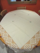VINTAGE UNBLEACHED LINEN EMBROIDERED LACE EDGE TABLECLOTH 52" SQUARE