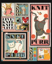 Knit 1 Purr 2 PANEL 36 x 44"  Cat Panel Studio e