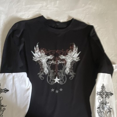 RONWE Stay Fierce Graphic Print Cotton Men's Long Sleeve T-Shirt L Black White