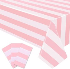 3 Packs Pink and White Striped Tablecloths 54 x 108 Inch Disposable Waterproof