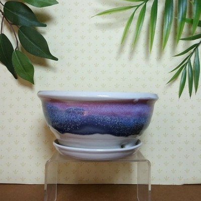 Bruning Pottery Planter Drip Glaze Purples Blues Reds On White Attached Saucer