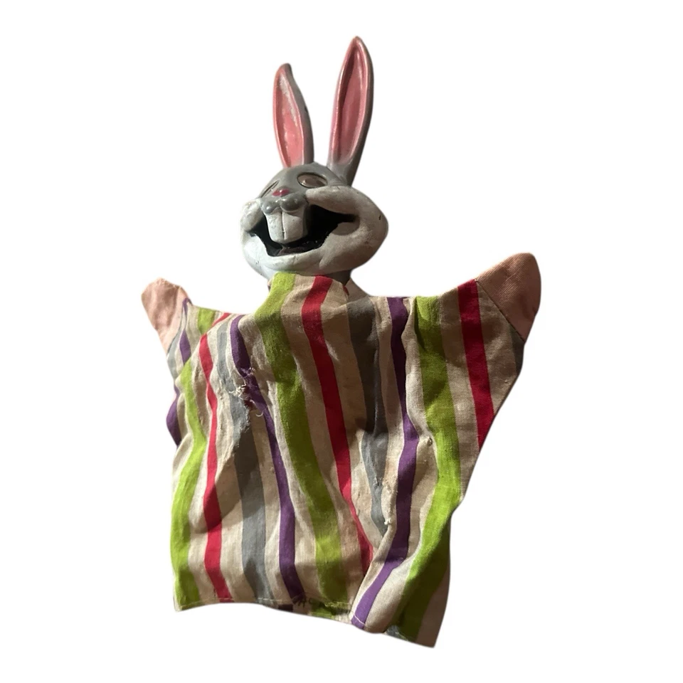 Marioneta de mano con cabeza de goma Knockoff Bugs Bunny de colección de los años 50 tela a rayas de Japón Foto 2 de 4